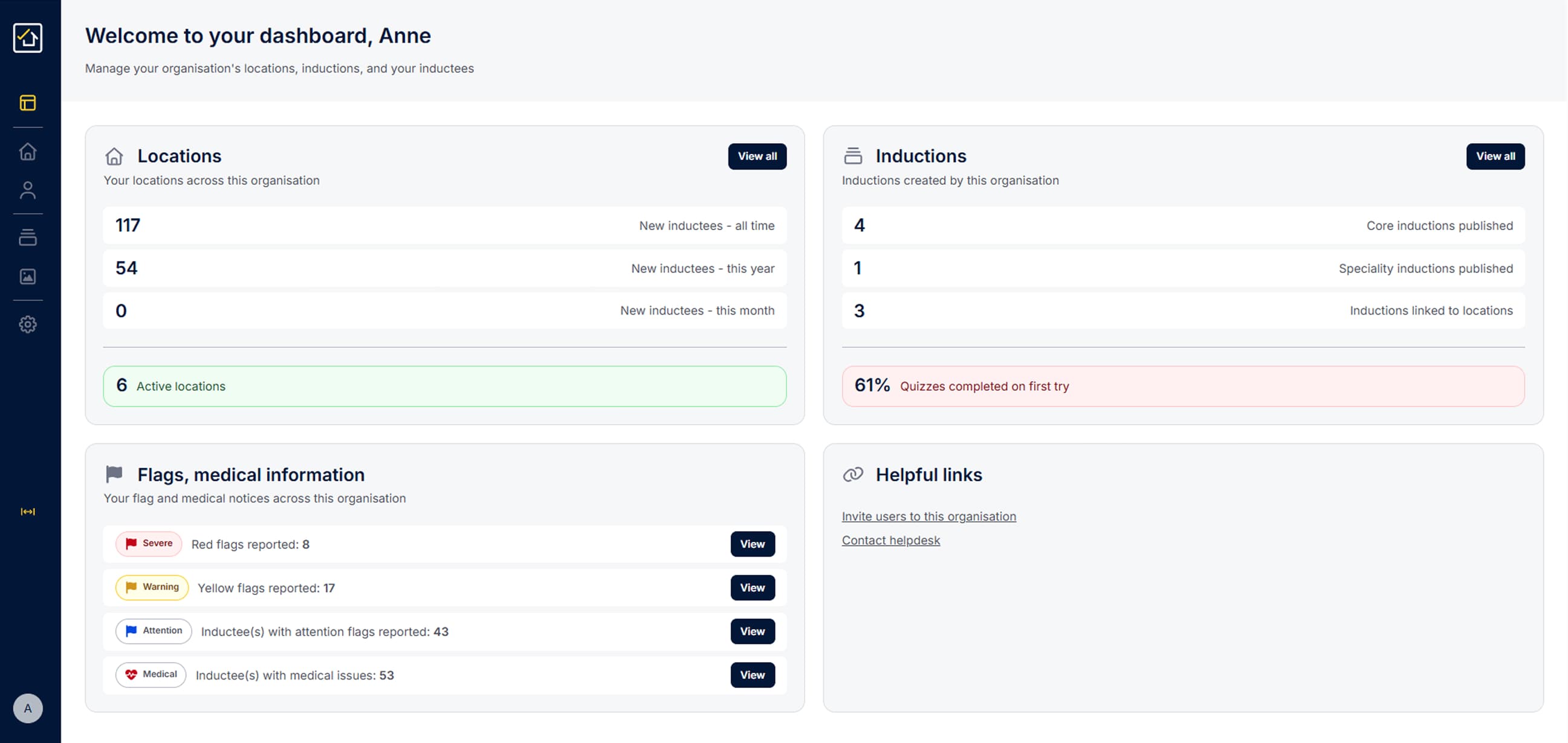 GetOnSite dashboard showing locations, inductions and flagged medical information